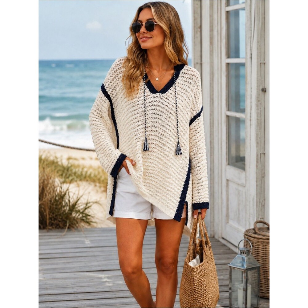 Martha Stewart Collection XL Ivory Navy Crochet Open Knit Coastal Sweater Tunic